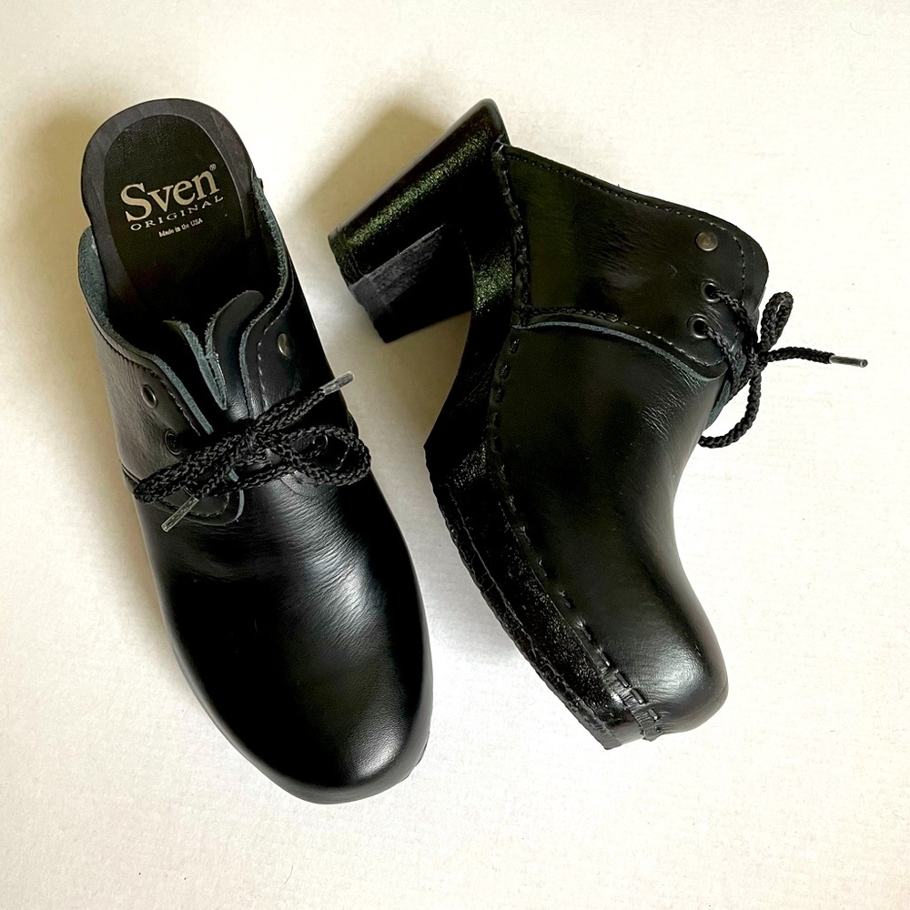Sven Tie Clogs with Split Tongue High Heel Black Leather EU 39 / US 8-8.5
